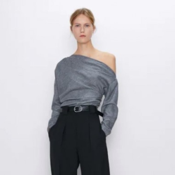 Zara Gray Off-Shoulder Sweater - Picture 1 of 8